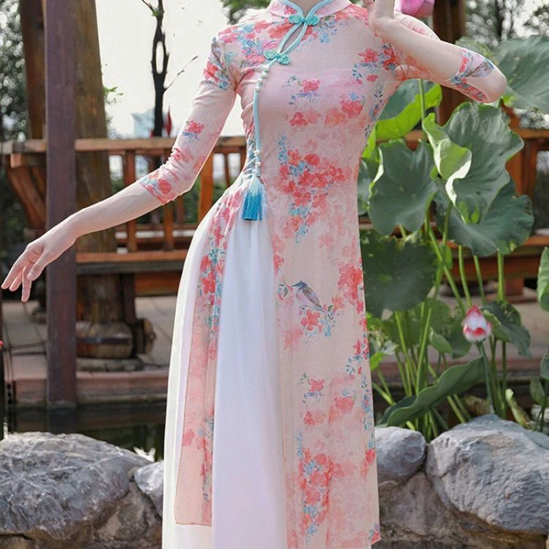 古风舞蹈服古舞印花旗袍身韵练功服演出服舞纱衣套装跨境速卖通