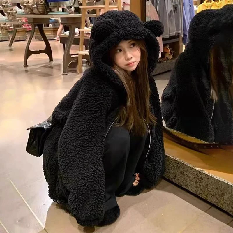 小李包专属仿羊羔毛外套女秋冬毛绒绒上衣可爱连帽年轻款小众学生