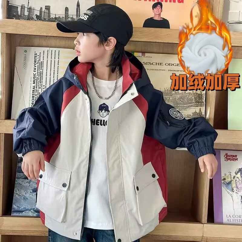 男童加绒外套加厚拼色儿童棉服2024冬装新款中大童休闲工装棉衣帅