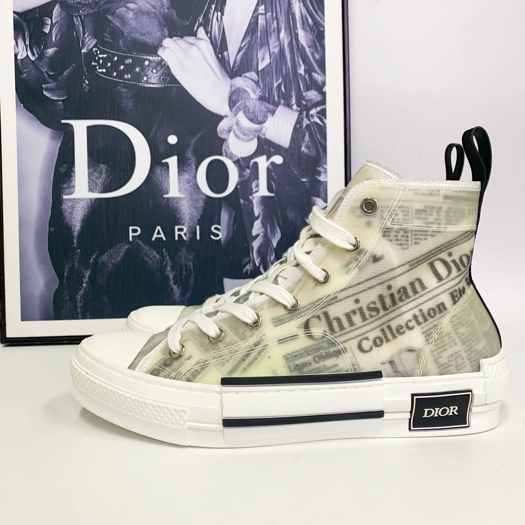 全新未使用 DIOR/迪奥 迪奥B23米色报纸印花高帮帆布鞋时尚潮鞋