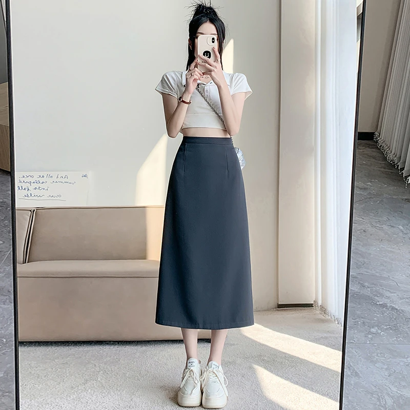 黑色显瘦半身裙女2025秋新款小个子高腰垂感百搭开叉中长款A字裙