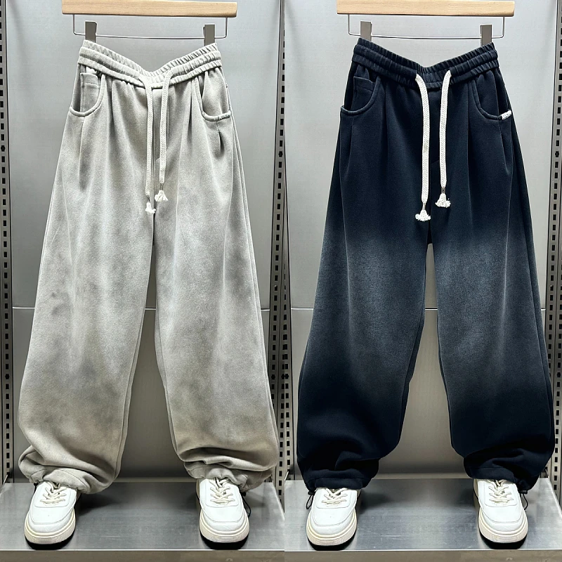 秋冬新款脏脏裤重磅加绒做旧直筒休闲裤潮牌宽松阔腿长裤男女卫裤