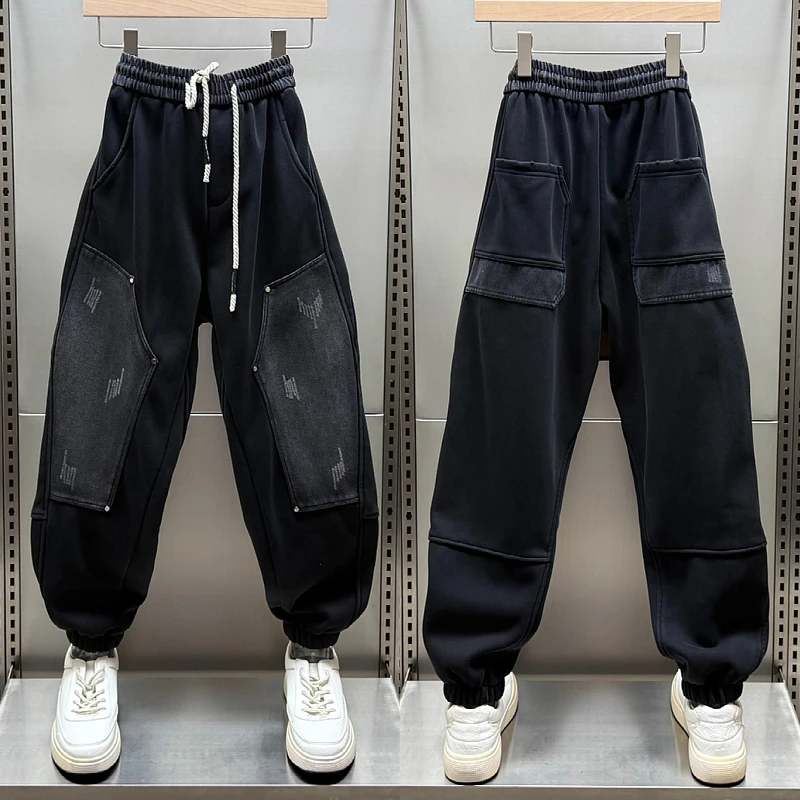 25秋冬新款加绒设计感休闲裤做旧宽松拼接哈伦裤韩版潮流束脚卫裤
