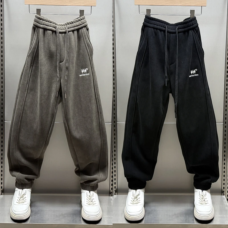 秋冬新款刺绣运动卫裤男士加绒加厚纯色休闲裤痞帅宽松哈伦束脚裤