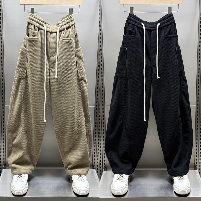 秋冬款加绒加厚阔腿宽松弯刀裤男士灯芯绒痞帅宽松拼接休闲工装裤