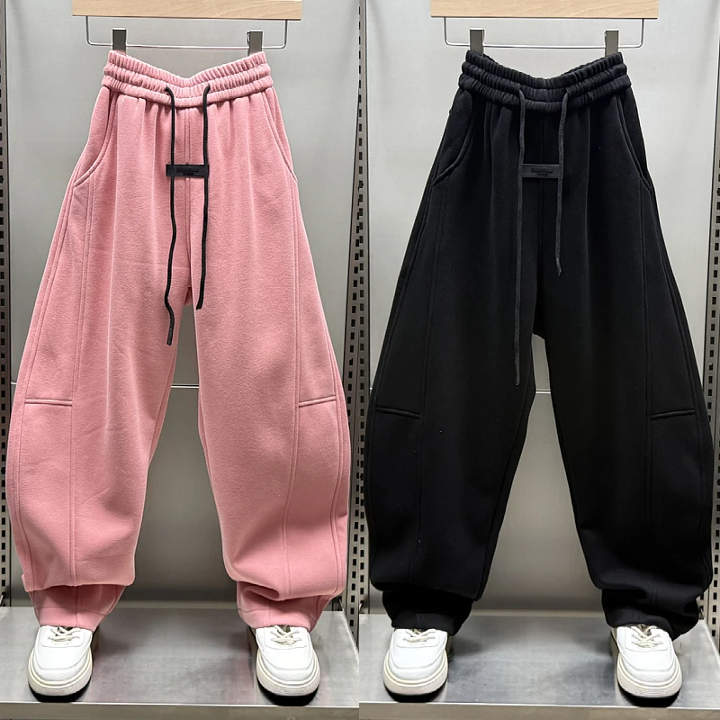 秋冬新款休闲痞帅宽松阔腿裤男女同款弯刀加绒运动裤卫裤百搭长裤