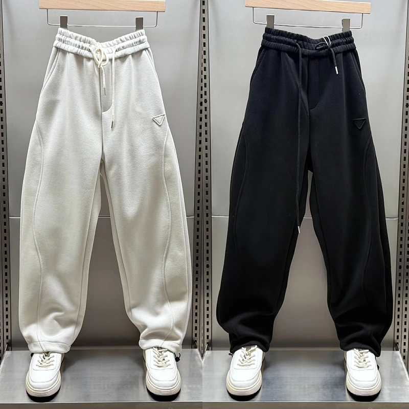 秋冬新款拼接运动加绒卫裤男士潮牌宽松直筒加厚休闲裤抽绳直筒裤