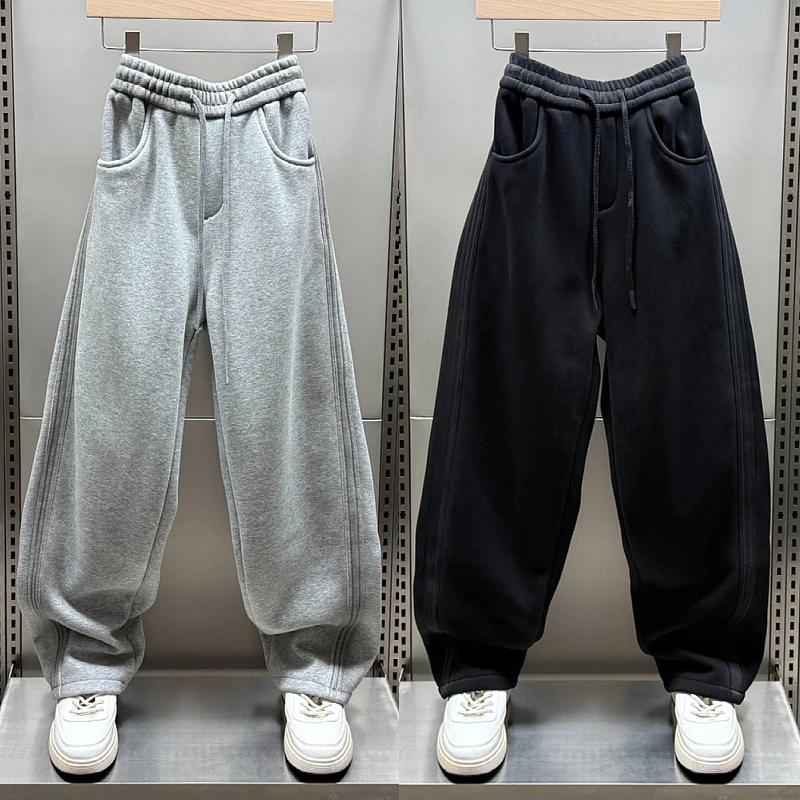 秋冬新款美式加绒加厚卫裤水洗扎染休闲裤高级感直筒宽松阔腿长裤