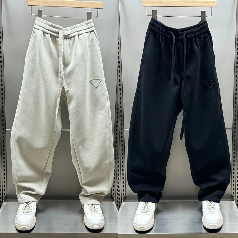 秋冬新款休闲加绒弯刀裤男士韩版潮流宽松直筒拼接潮牌运动卫裤男