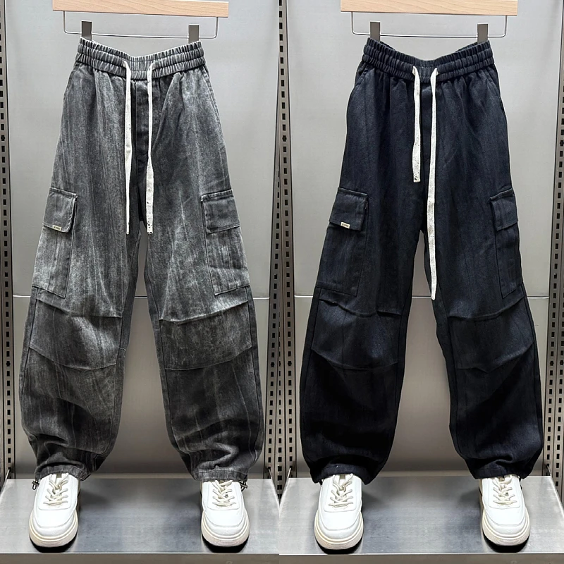 秋冬新款复古扎染做旧脏脏大口袋工装休闲裤男痞帅宽松直筒长裤潮