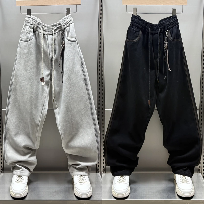 秋冬款加绒加厚牛仔裤美式脏脏裤男士宽松直筒休闲长裤潮牌弯刀裤