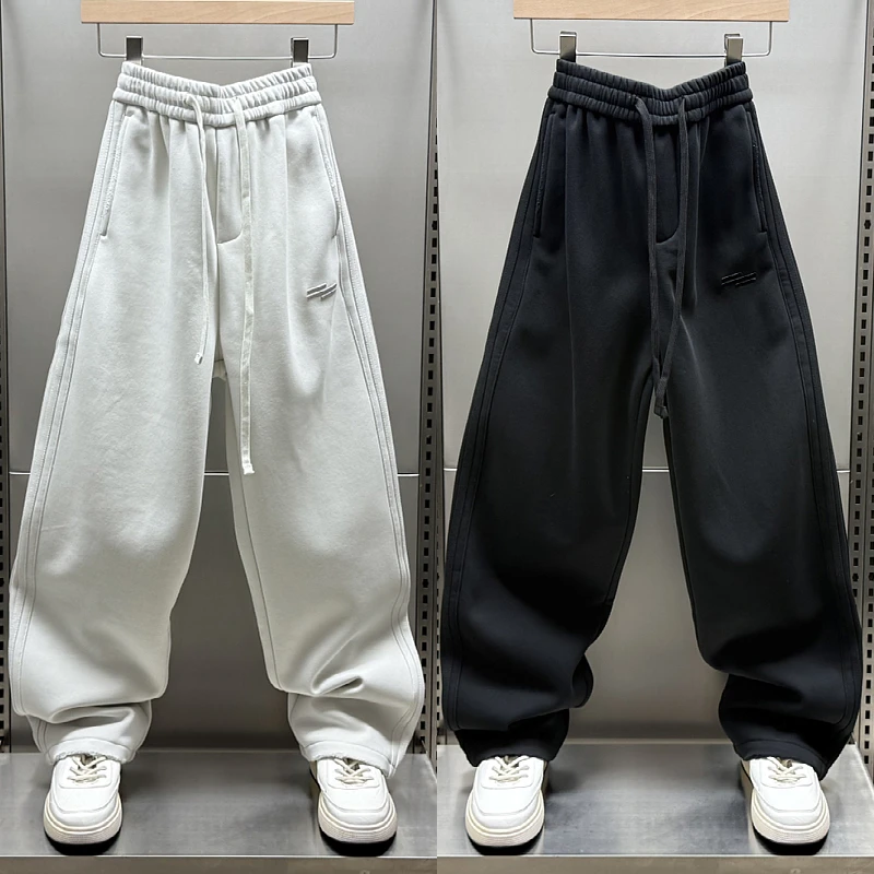 秋冬新款加绒加厚宽松休闲裤男女情侣简约纯色卫裤直筒裤拖地长裤