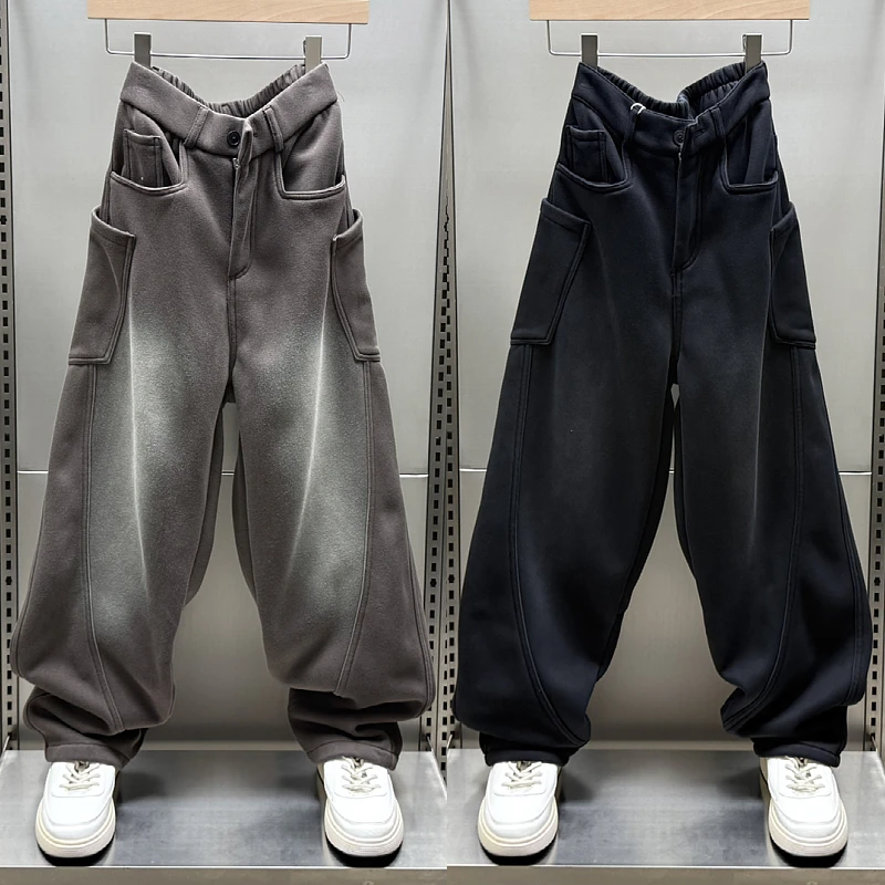 秋冬新款渐变色加绒加厚卫裤宽松直筒长裤男女同款美式休闲弯刀裤