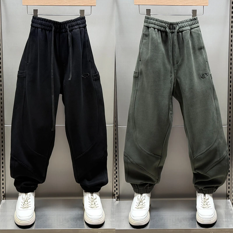 秋冬新款重磅束脚运动裤男潮流拼接刺绣休闲裤痞帅弯刀哈伦裤卫裤