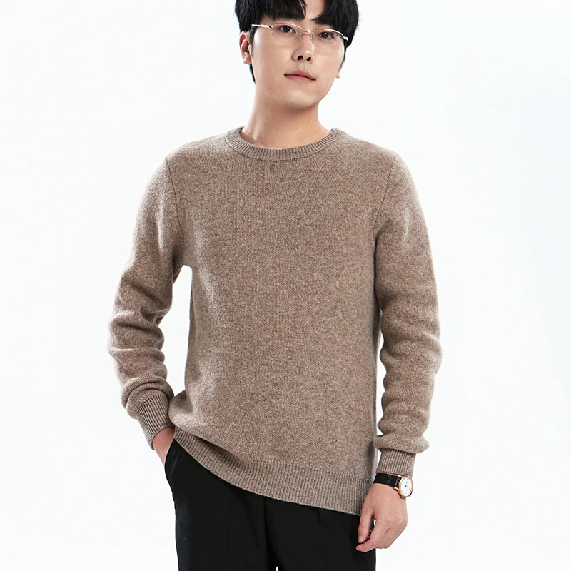 可机洗秋冬100%绵羊绒衫男士加厚毛衣提花针织衫圆领韩版纯色百搭