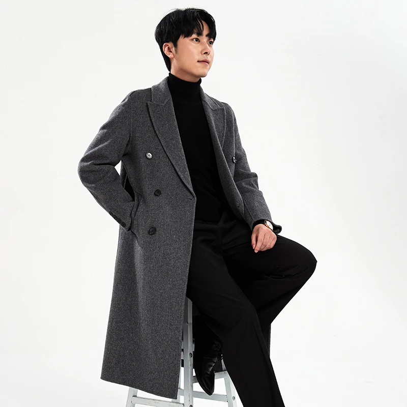 冬季长款过膝100%双面绵羊绒大衣男翻领宽松韩版羊毛呢子风衣外套