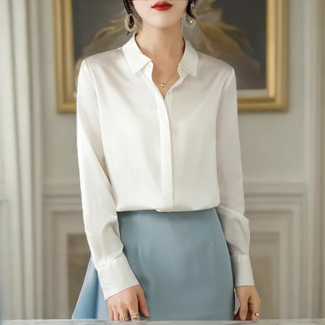 真丝女士白色衬衫长袖春秋法式别致漂亮上衣设计感小众桑蚕丝衬衣