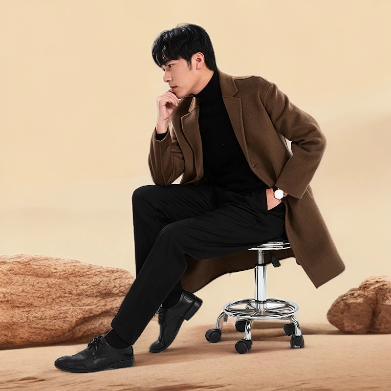 秋冬中款100%双面绵羊绒大衣男翻领宽松韩版平肩羊毛呢子风衣外套