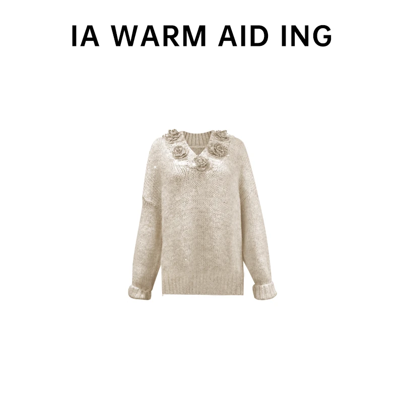 IA WARM AID ING 23秋冬新款 V领玫瑰花珠片羊驼绒毛衣