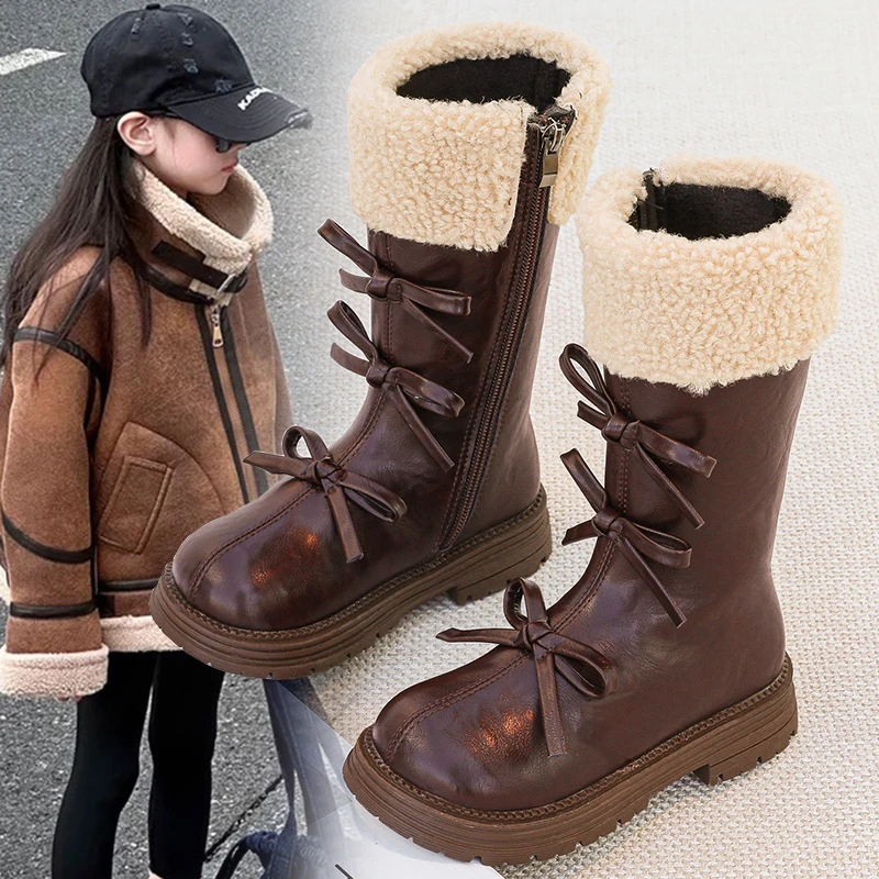 女童美拉德靴子儿童长筒靴2024冬季新款女孩加绒棉靴高筒靴皮长靴