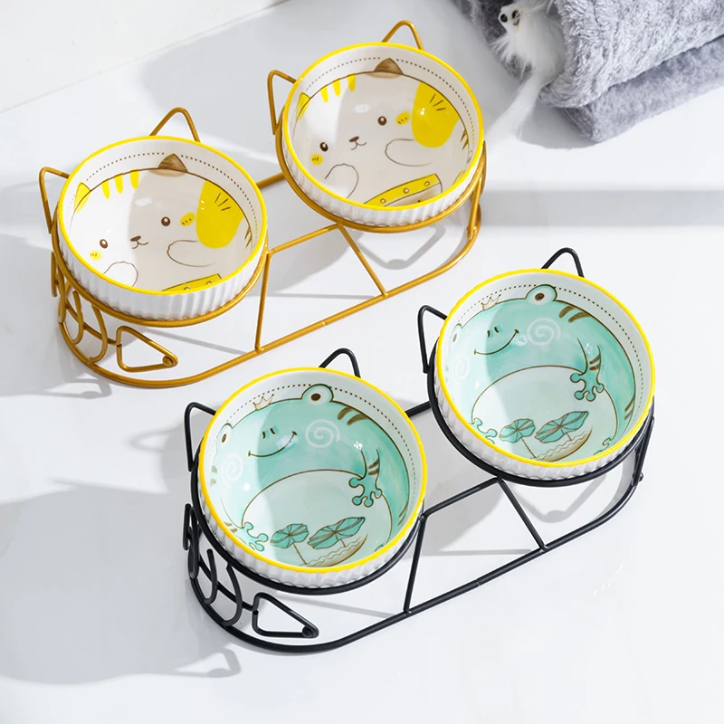 猫碗陶瓷猫食盆猫咪喝水喂食一体碗猫猫吃饭碗防打翻双碗宠物用品
