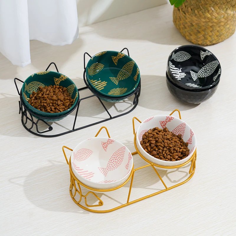 猫碗猫食盆陶瓷猫咪喝水碗猫粮碗双碗护颈狗狗碗食盆狗盆喝水一体