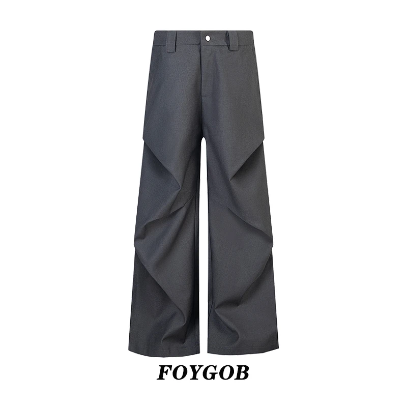 FOYGOB美式褶皱拖地微喇叭男女情侣休闲裤子宽松直筒垂感黑色西裤