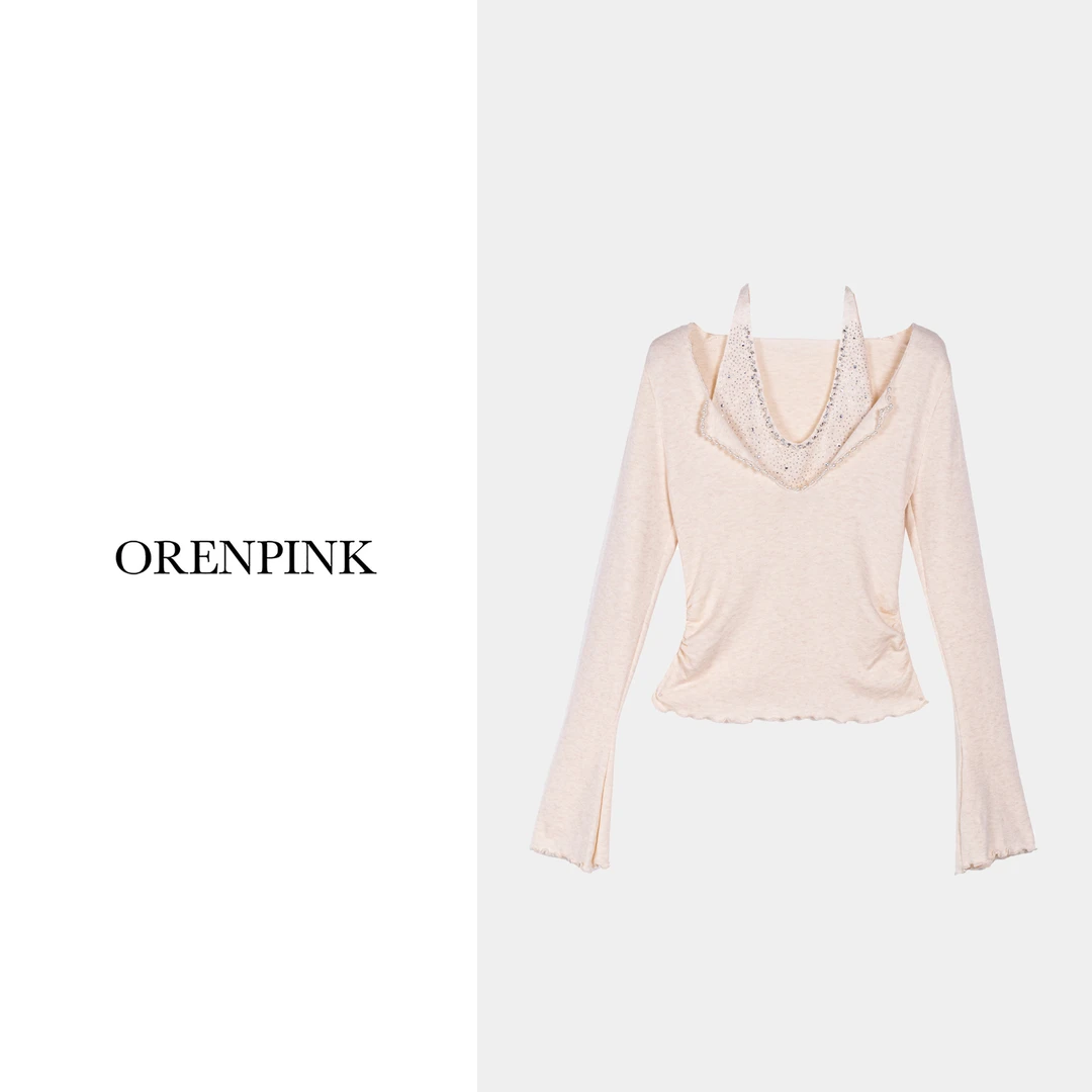 OREN PINK/奥粉24秋冬款V领烫钻钉珠假两件收腰显瘦女装针织上衣