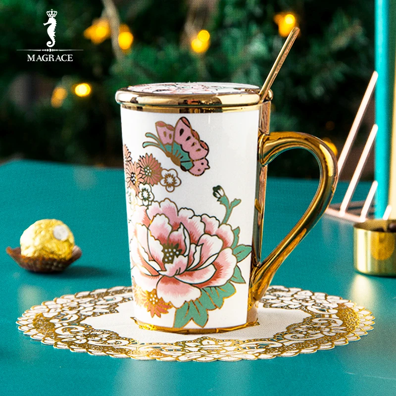 MAGRACE HOME金边陶瓷家用马克杯带盖勺下午茶复古描金杯
