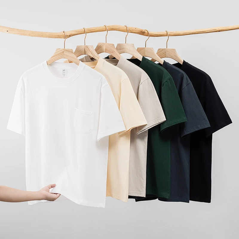 230g口袋款重磅纯棉短袖打底衫感百搭宽松圆领T恤纯色百搭情侣装
