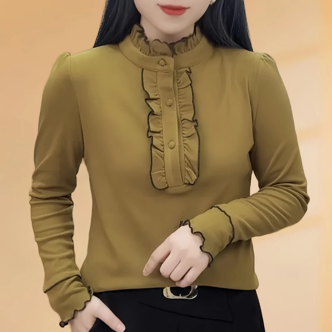 时尚长袖荷叶领卫衣女装德绒打底衫2024新款女秋冬减龄百搭妈妈装