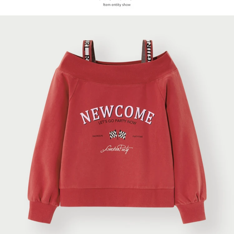 乐家剪标一字肩长袖卫衣薄款2024秋季新款红色吊带上衣92102/A地