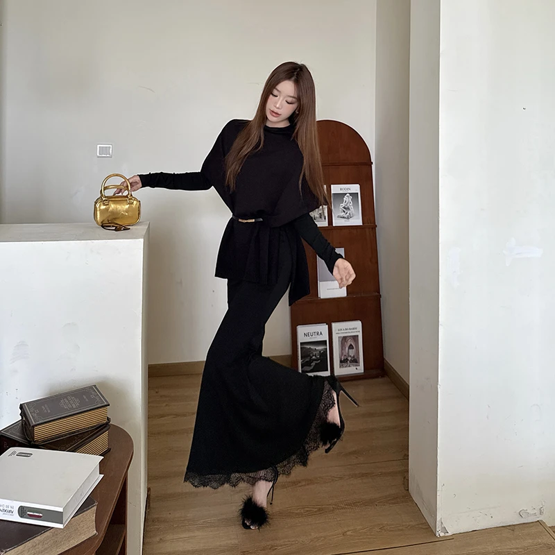 气质女人轻奢风黑色套装秋冬新款针织罩衫加绒修身包臀长裙两件套