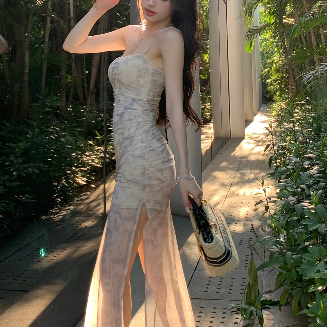 纯欲性感辣妹开叉吊带连衣裙女气质裙子收腰包臀长裙YL23414ZW