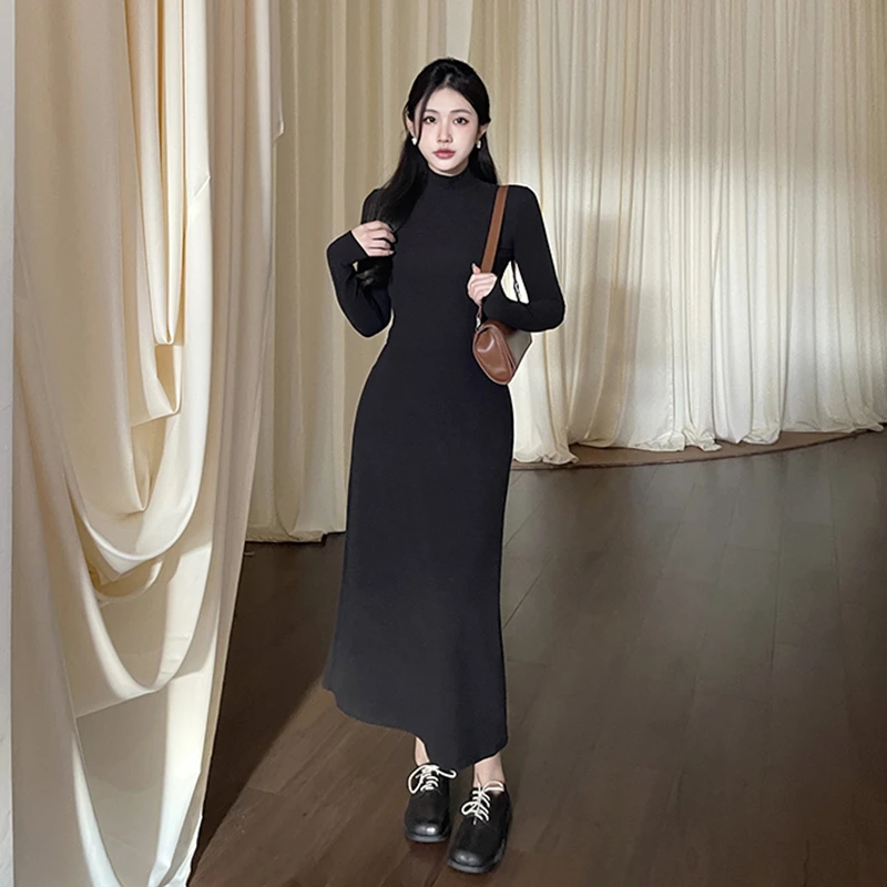 秋冬加绒内搭连衣裙女修身显瘦遮肉到脚踝A字打底长裙LX23393MT