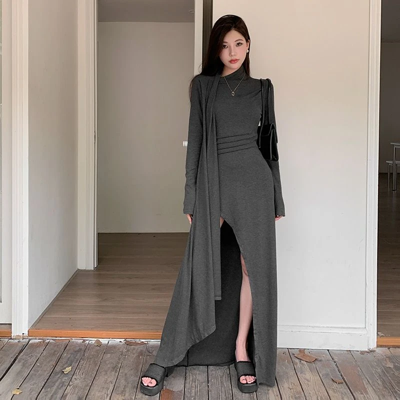 御姐风设计感高开叉飘带长袖连衣裙秋冬新款气质修身显身材长裙