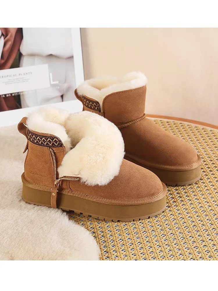 8020冬季新款侧拉链雪地靴女民族风短靴防滑厚底保暖真皮棉靴
