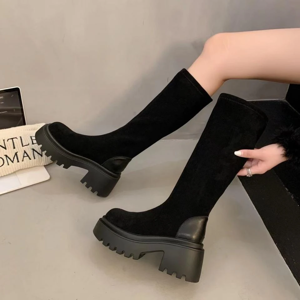 3918新疆包邮骑士靴女402房冬季新款粗跟厚底长靴高级感瘦瘦