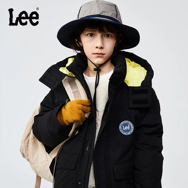Lee2023冬保暖羽绒服男女中大童中长款休闲时尚加厚防风连帽外套
