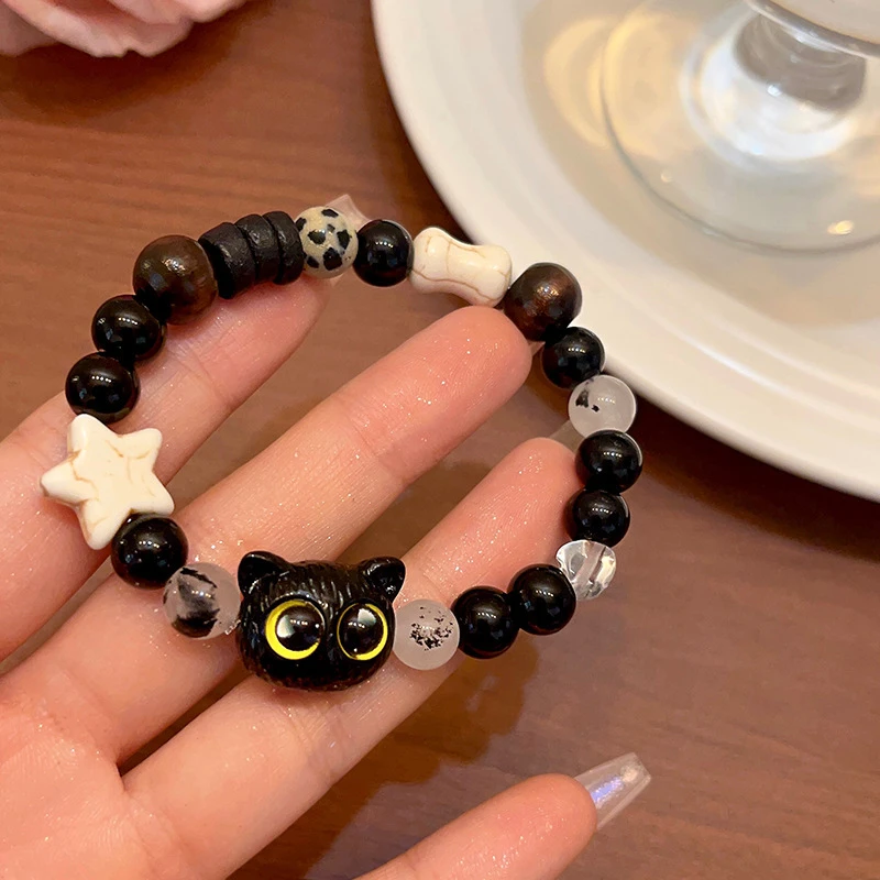 非金属玻璃手链 奶酪黑芝麻小猫咪手串黑白调可爱情侣手链ins风