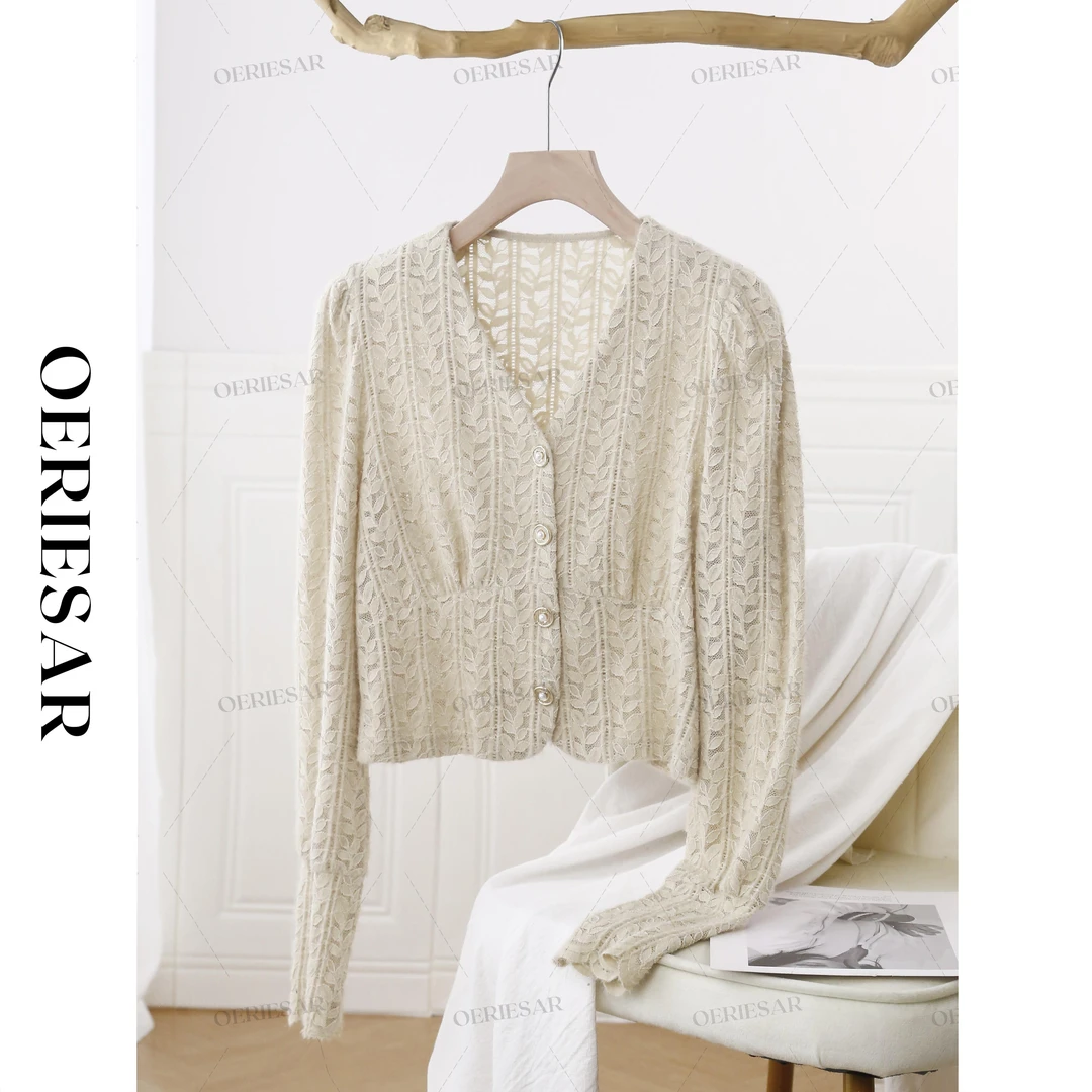 2024秋冬新款小香风蕾丝镂空法式气质V领时尚高级感针织衫上衣女