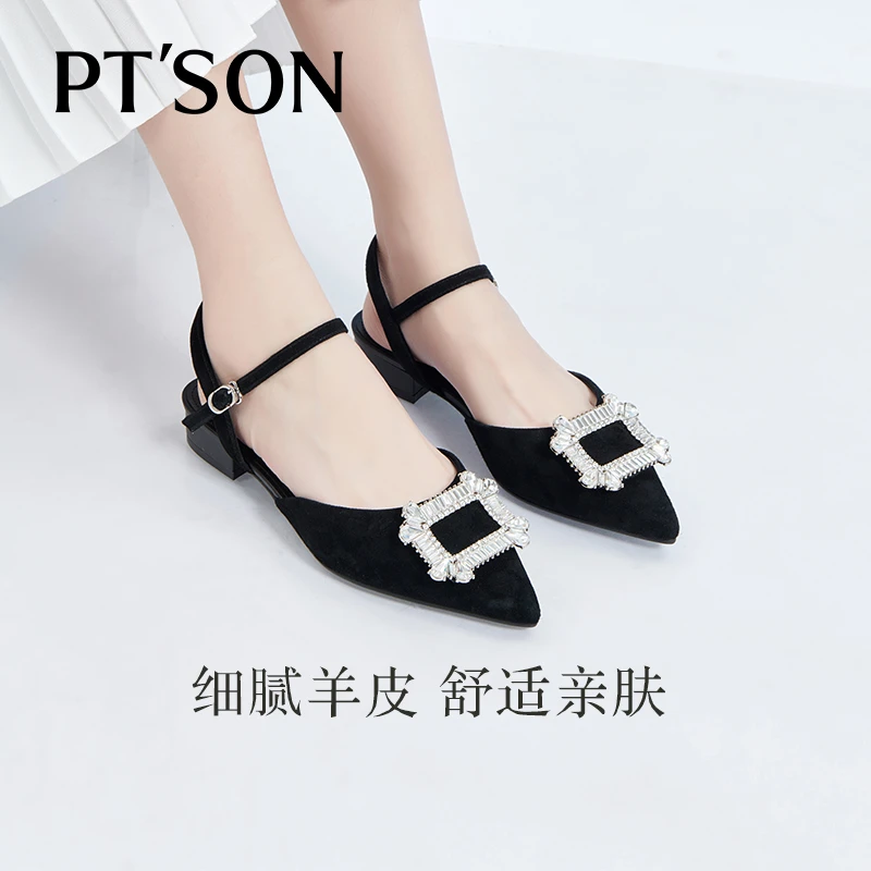 【百田森PT SON】舒适百搭水钻包头凉鞋女尖头低跟时尚半凉鞋女精致