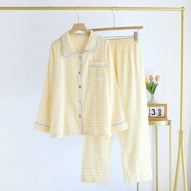 纯棉纱布睡衣女春秋薄款长袖格子翻领夏季甜美居家服睡衣套装棉