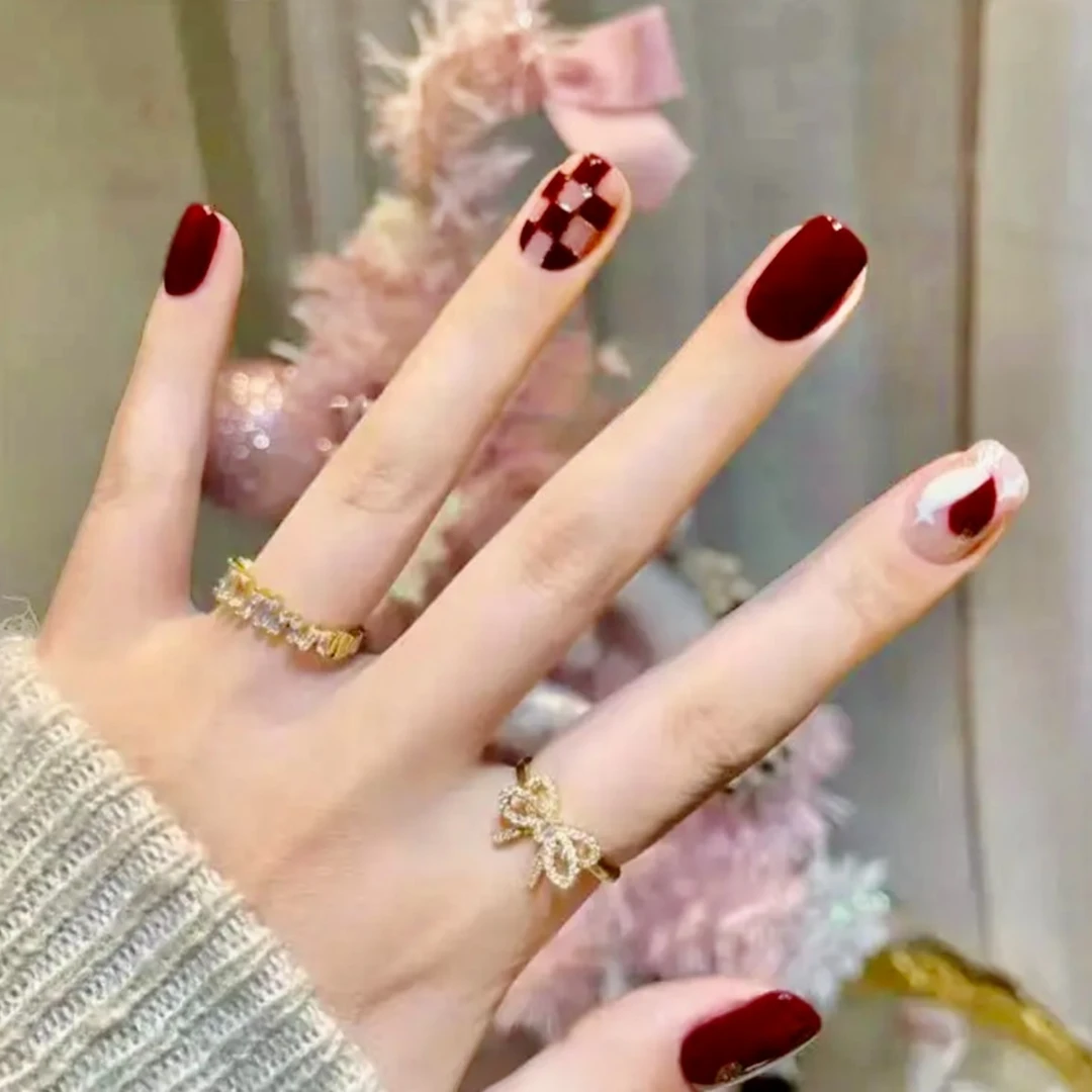 (短)心心相印穿戴甲美甲可拆卸假指甲贴片显白红色百搭气质