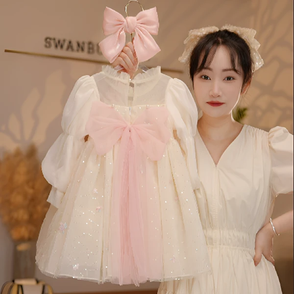 【Y.k6214】2024秋季女童泡泡袖亮片公主裙小女孩生日礼服裙