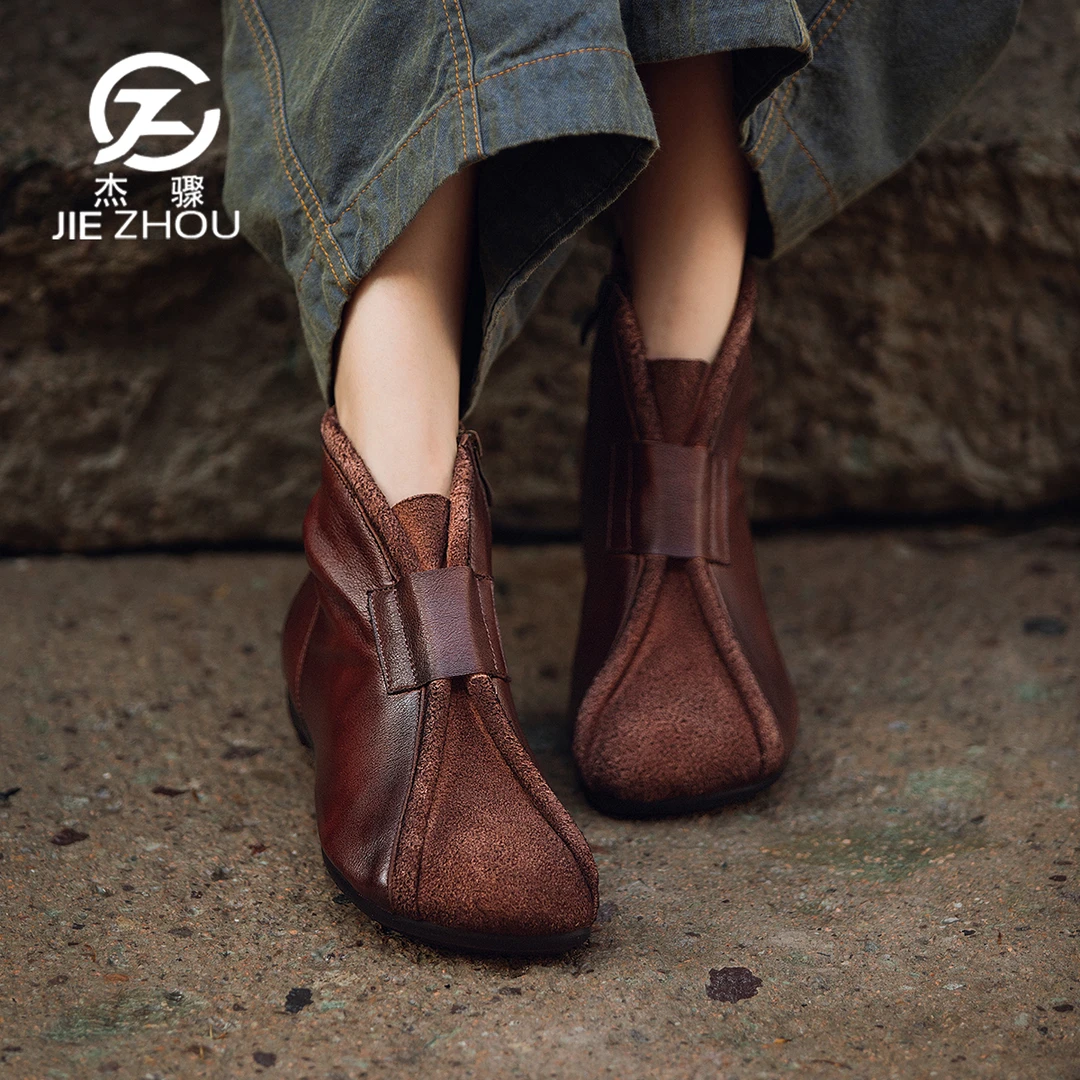杰骤春秋复古手工真皮短靴女士防滑软底软面舒适妈妈鞋软皮女靴子
