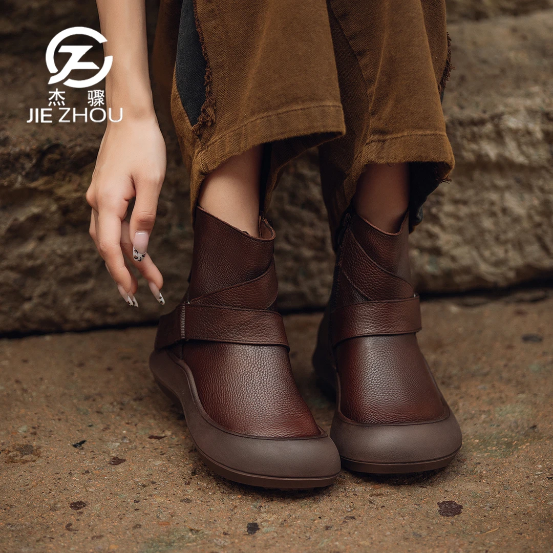 杰骤秋季真皮软底复古短靴女头层牛皮厚底低帮靴子圆头舒适马丁靴