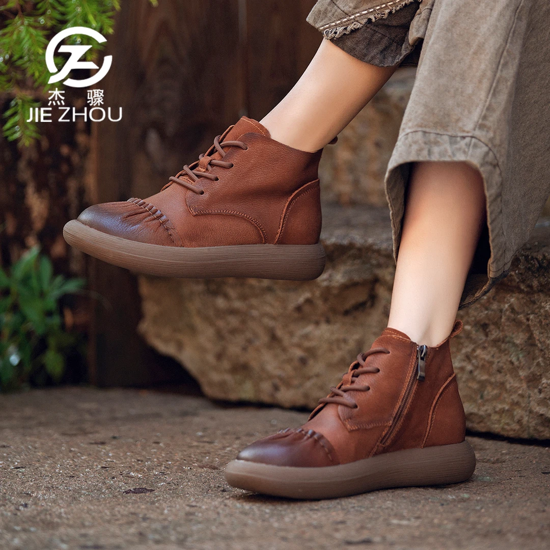 杰骤春秋款真皮软底短靴女款复古英伦风厚底低帮马丁靴牛皮女靴子