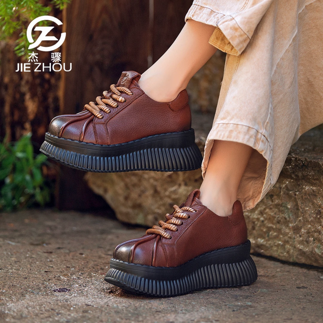 杰骤秋冬休闲女士皮鞋松糕厚底真皮女鞋头层牛皮加厚加绒保暖棉鞋