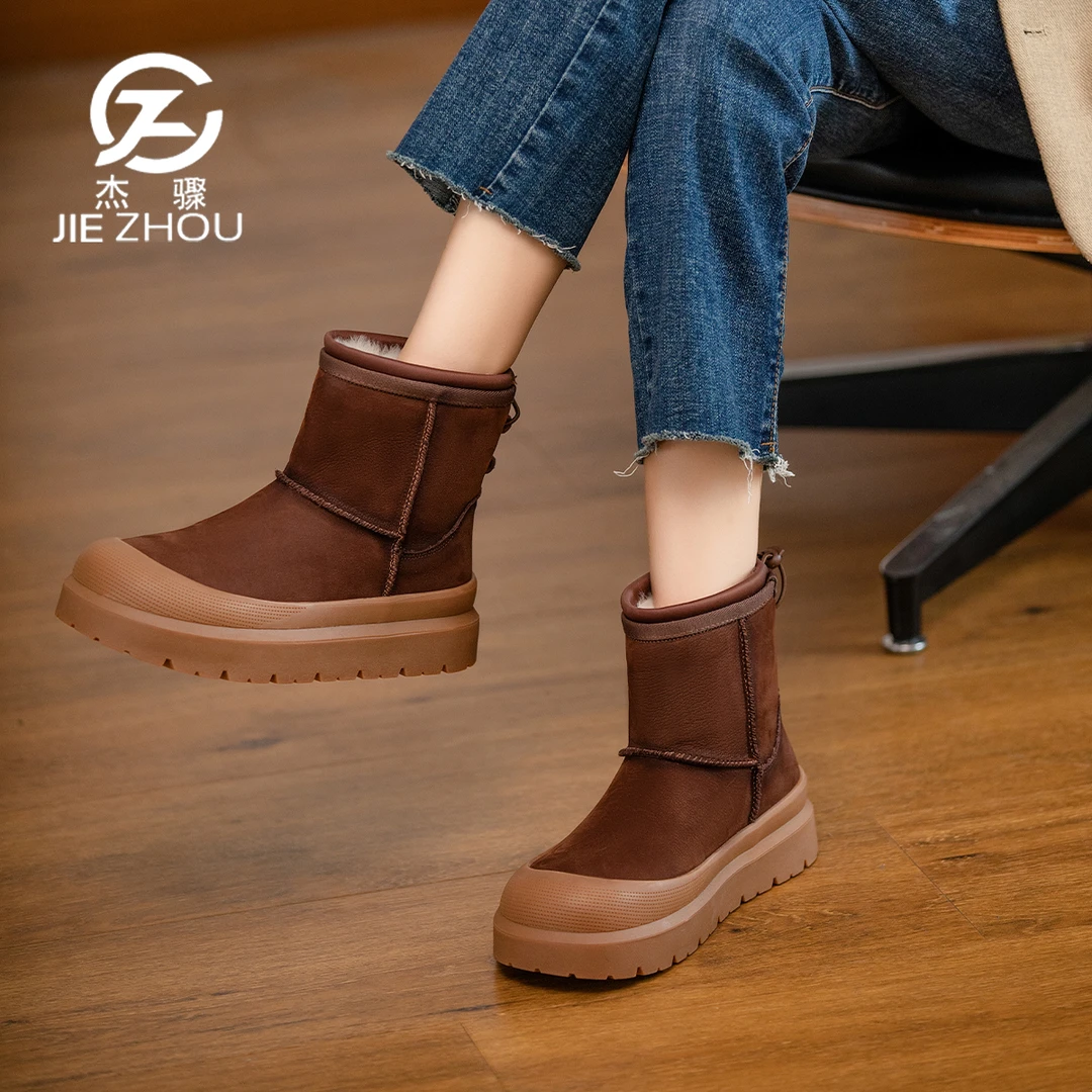杰骤冬季款牛皮厚底短筒雪地靴加绒加厚保暖棉鞋真皮皮毛一体靴子